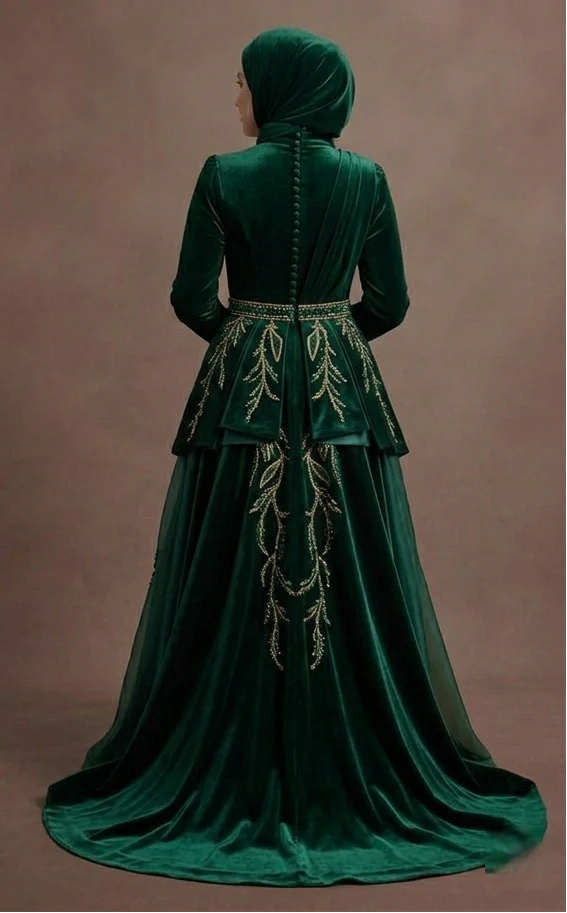 Muslim Prom Dress Forest Green Velvet A-Line Modest Prom - Image 3