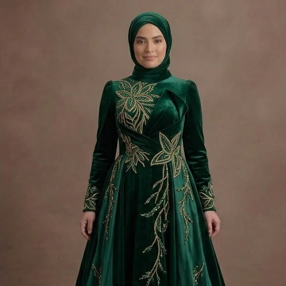 Muslim Prom Dress Forest Green Velvet A-Line Modest Prom - Image 4