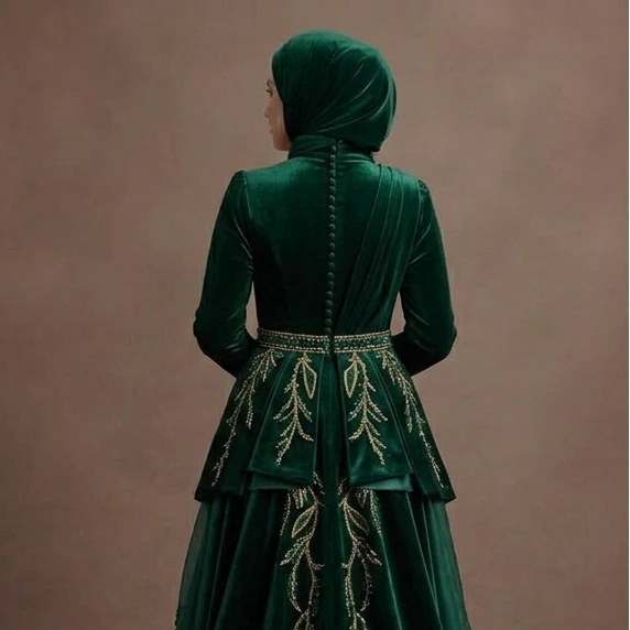Muslim Prom Dress Forest Green Velvet A-Line Modest Prom - Image 5