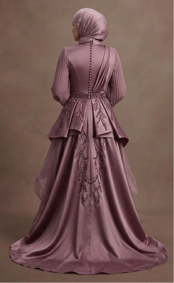 Muslim Prom Dress Mauve Satin Long Sleeve Elegant Night - Image 3