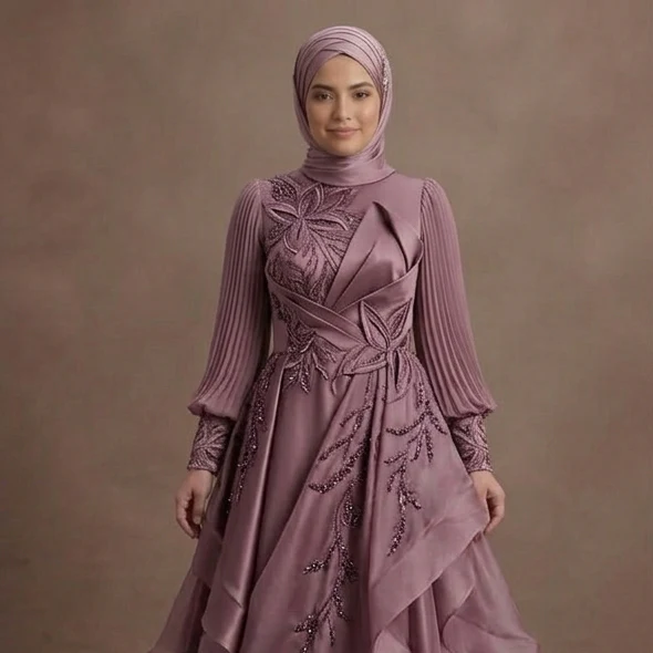 Muslim Prom Dress Mauve Satin Long Sleeve Elegant Night - Image 4