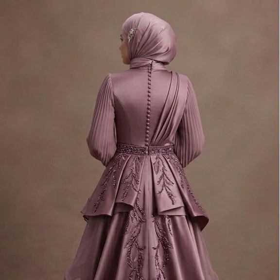 Muslim Prom Dress Mauve Satin Long Sleeve Elegant Night - Image 5