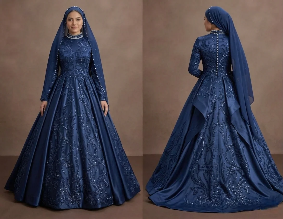 Muslim Prom Dress Navy Blue Satin A-Line Modest Evening
