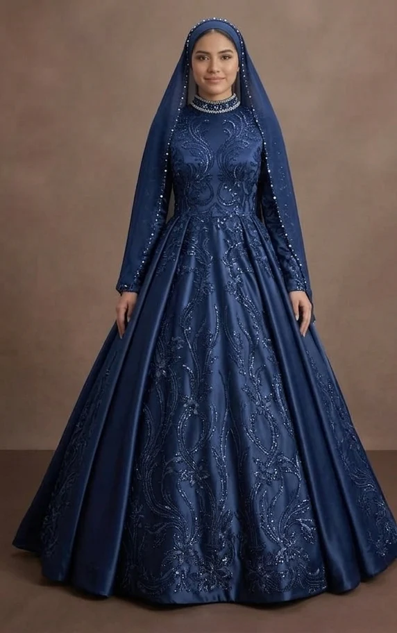 Muslim Prom Dress Navy Blue Satin A-Line Modest Evening - Image 2