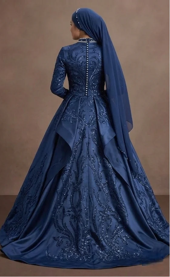 Muslim Prom Dress Navy Blue Satin A-Line Modest Evening - Image 3