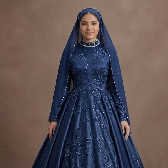 Muslim Prom Dress Navy Blue Satin A-Line Modest Evening - Image 4