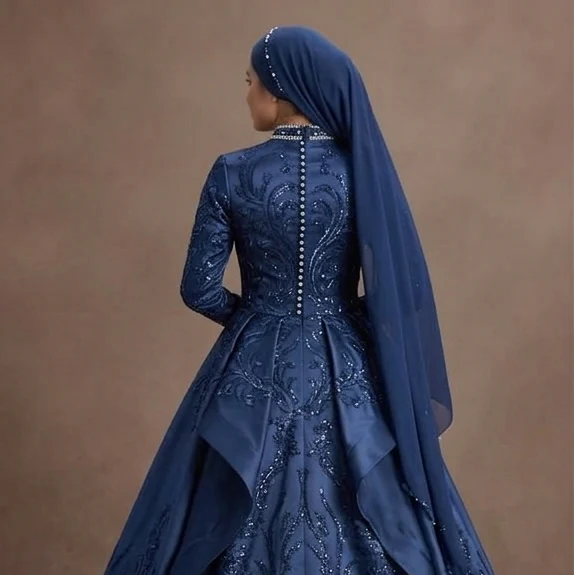 Muslim Prom Dress Navy Blue Satin A-Line Modest Evening - Image 5
