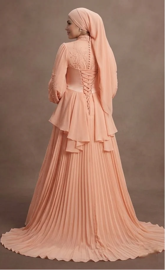 Muslim Prom Dress Peach Chiffon Long Sleeve Soft Prom - Image 3