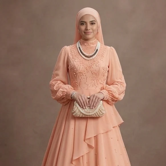 Muslim Prom Dress Peach Chiffon Long Sleeve Soft Prom - Image 4