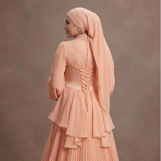 Muslim Prom Dress Peach Chiffon Long Sleeve Soft Prom - Image 5