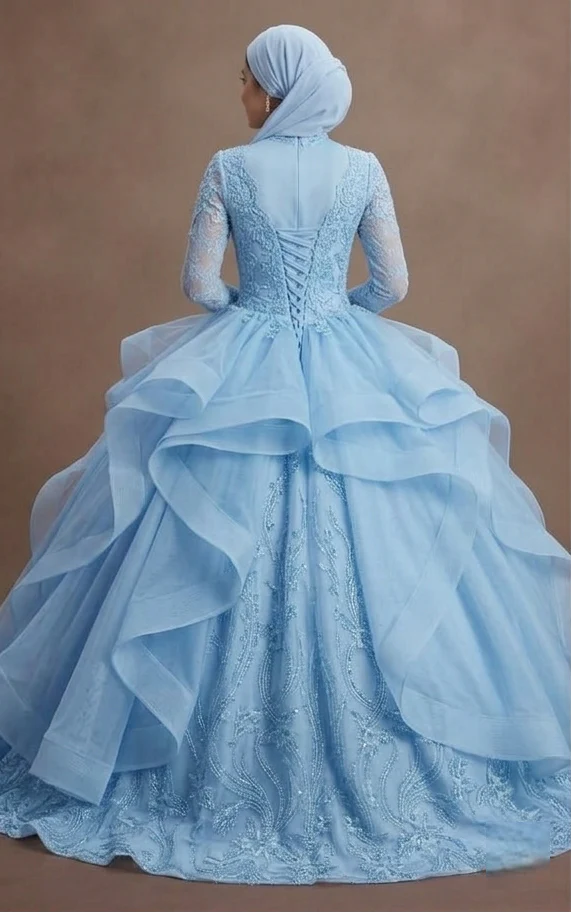 Muslim Prom Dress Powder Blue Lace Long Sleeve Romantic Prom - Image 3