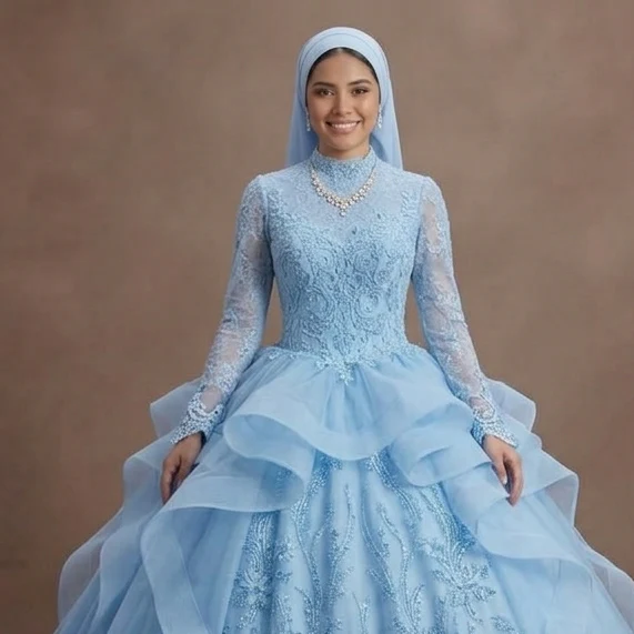 Muslim Prom Dress Powder Blue Lace Long Sleeve Romantic Prom - Image 4