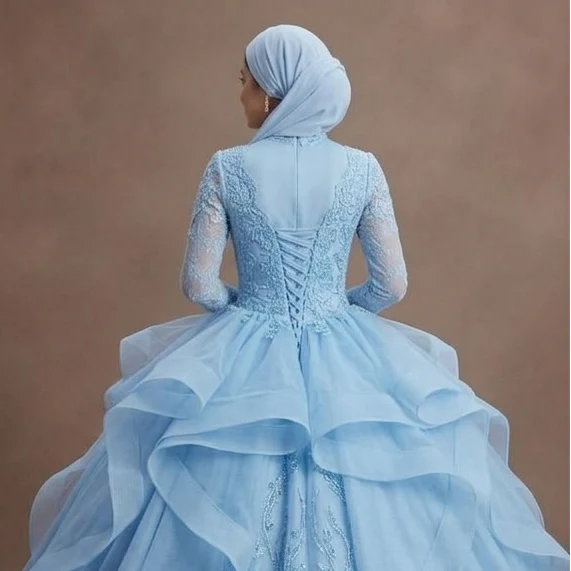 Muslim Prom Dress Powder Blue Lace Long Sleeve Romantic Prom - Image 5