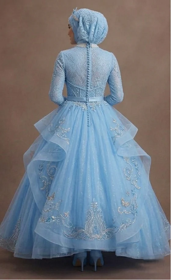 Muslim Prom Dress Sky Blue Tulle Long Sleeve Fairytale Prom - Image 3