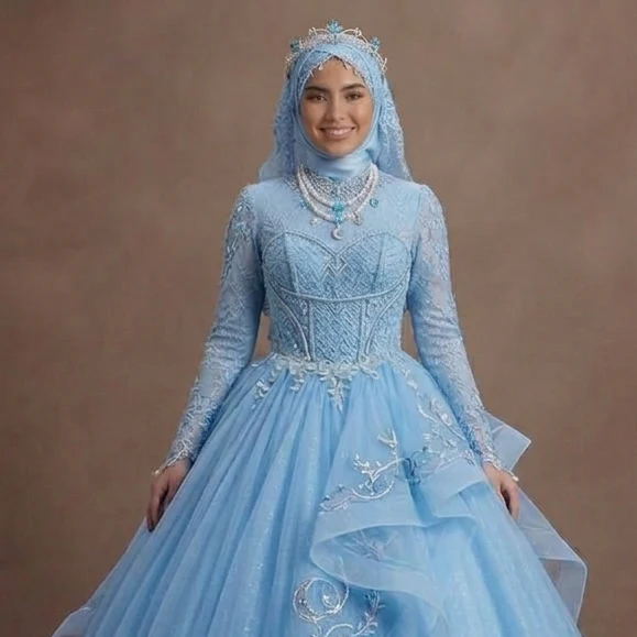 Muslim Prom Dress Sky Blue Tulle Long Sleeve Fairytale Prom - Image 4