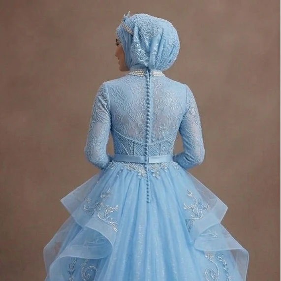 Muslim Prom Dress Sky Blue Tulle Long Sleeve Fairytale Prom - Image 5
