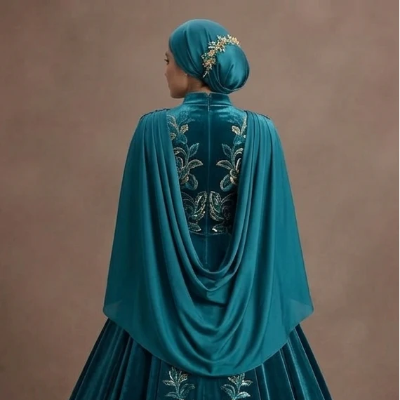 Muslim Prom Dress Teal Velvet High Neck Elegant Prom - Image 5