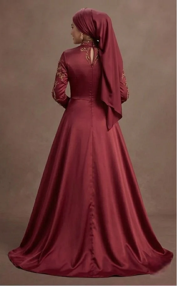Muslim Prom Dress Wine Red Satin High Neck Formal Evening - Image 3
