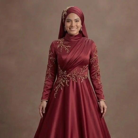 Muslim Prom Dress Wine Red Satin High Neck Formal Evening - Image 4