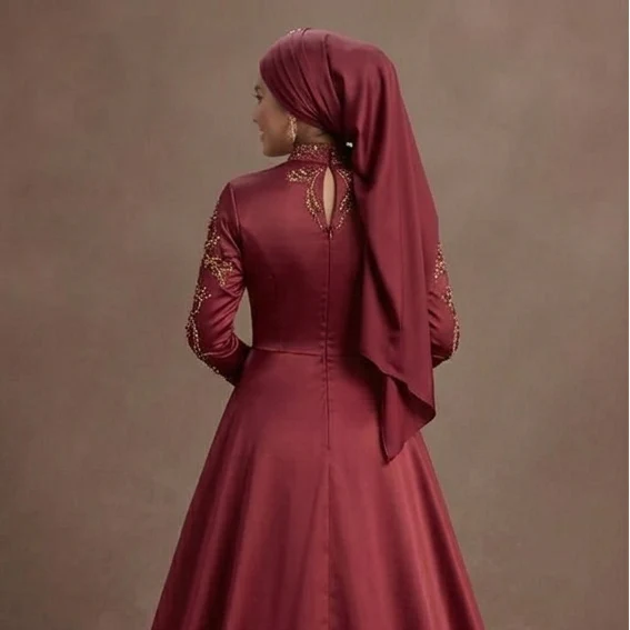 Muslim Prom Dress Wine Red Satin High Neck Formal Evening - Image 5