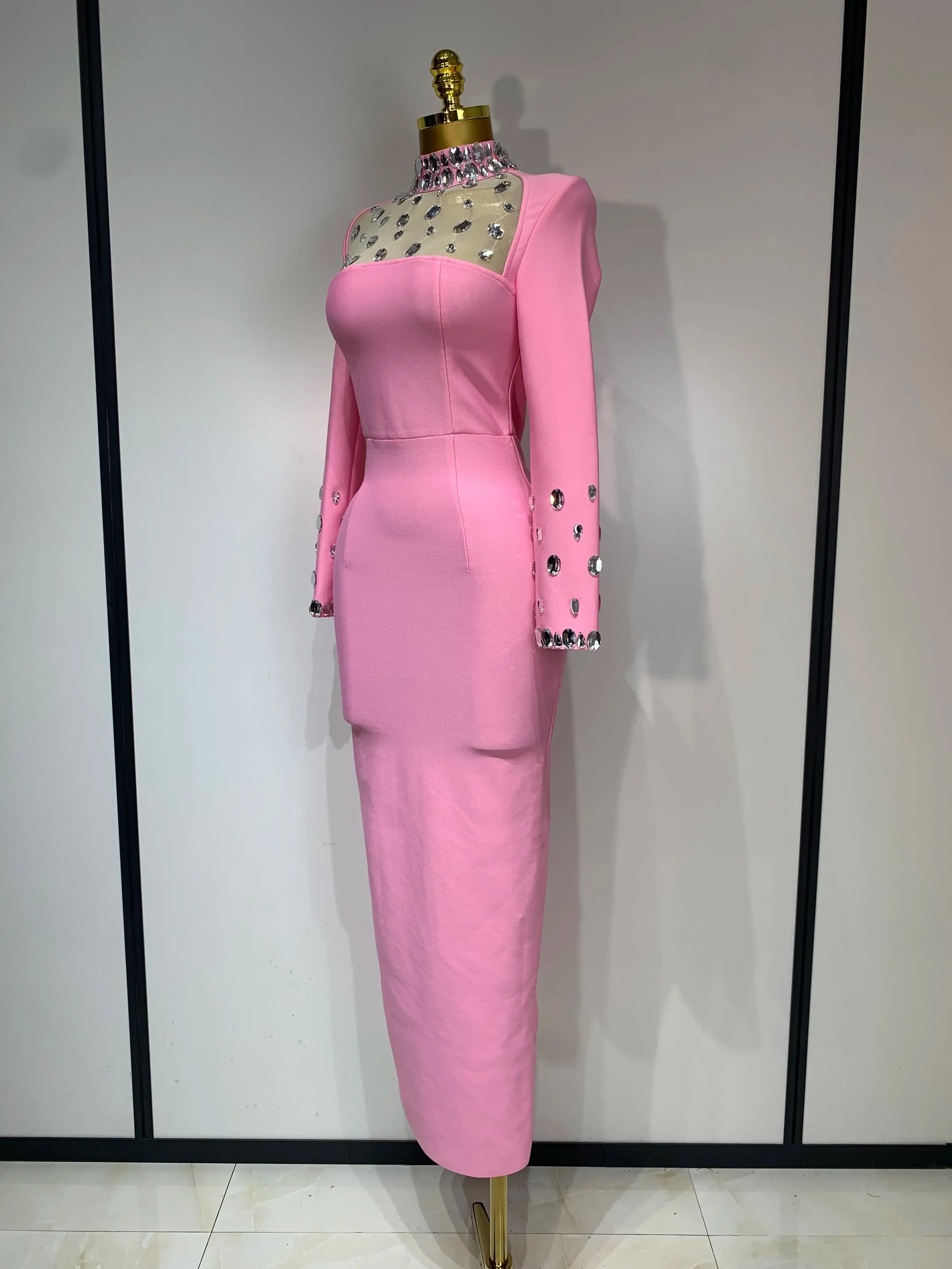 Luxury Birthday Dresses Diamond Long Sleeve Pink Bodycon Bandage Dress Women Wedding Evening Prom Gowns - Image 2