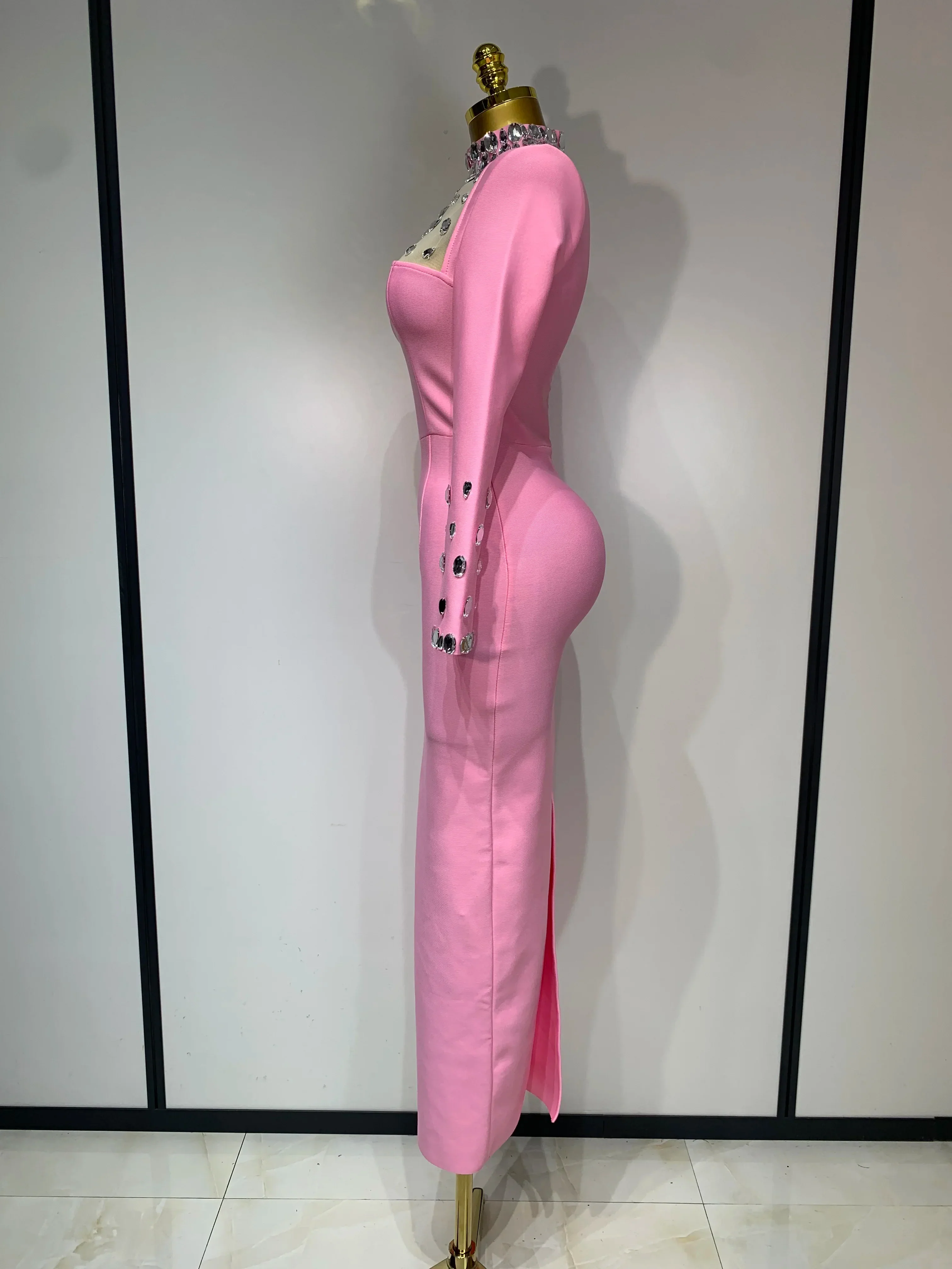 Luxury Birthday Dresses Diamond Long Sleeve Pink Bodycon Bandage Dress Women Wedding Evening Prom Gowns - Image 3