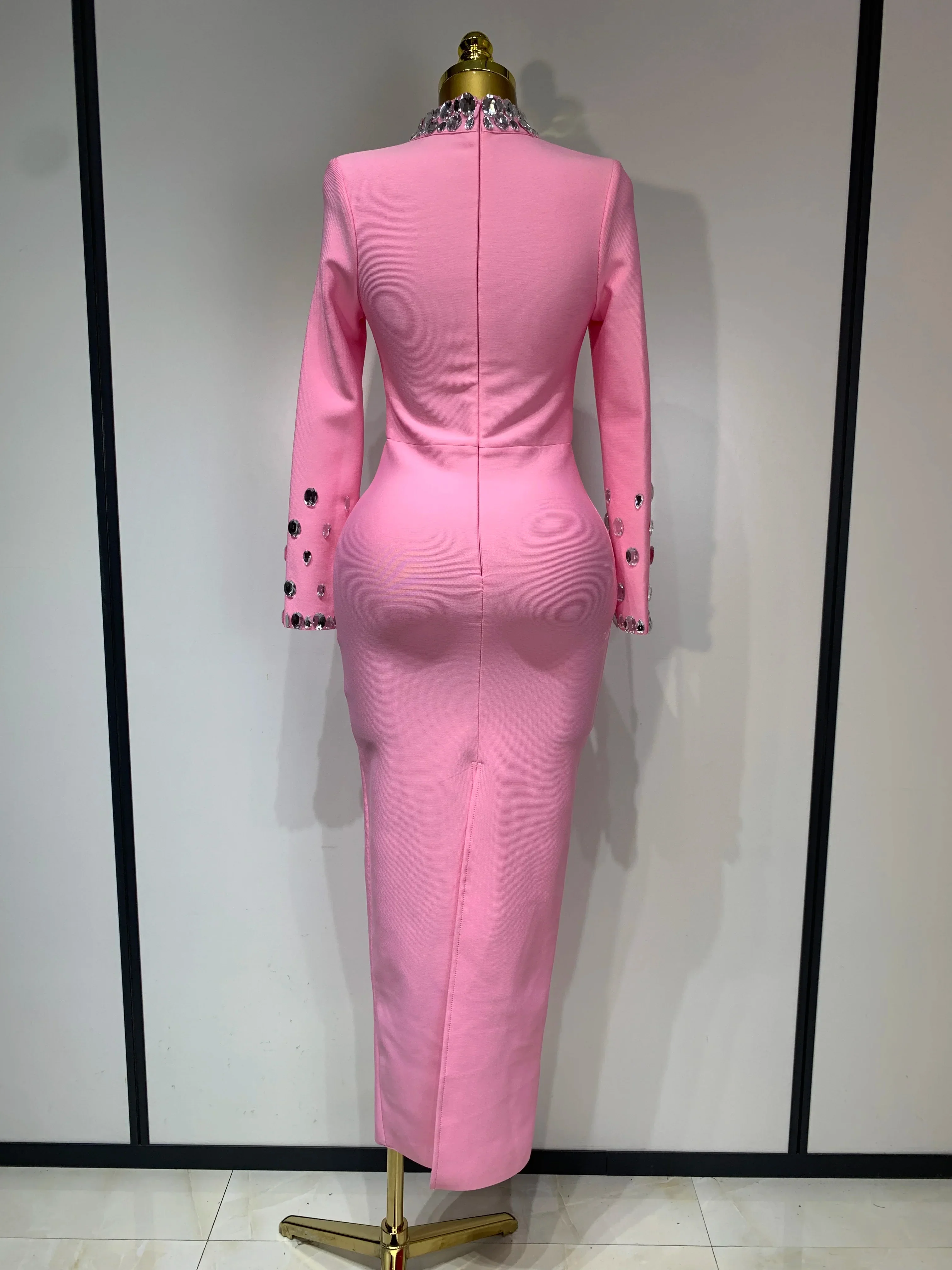 Luxury Birthday Dresses Diamond Long Sleeve Pink Bodycon Bandage Dress Women Wedding Evening Prom Gowns - Image 4