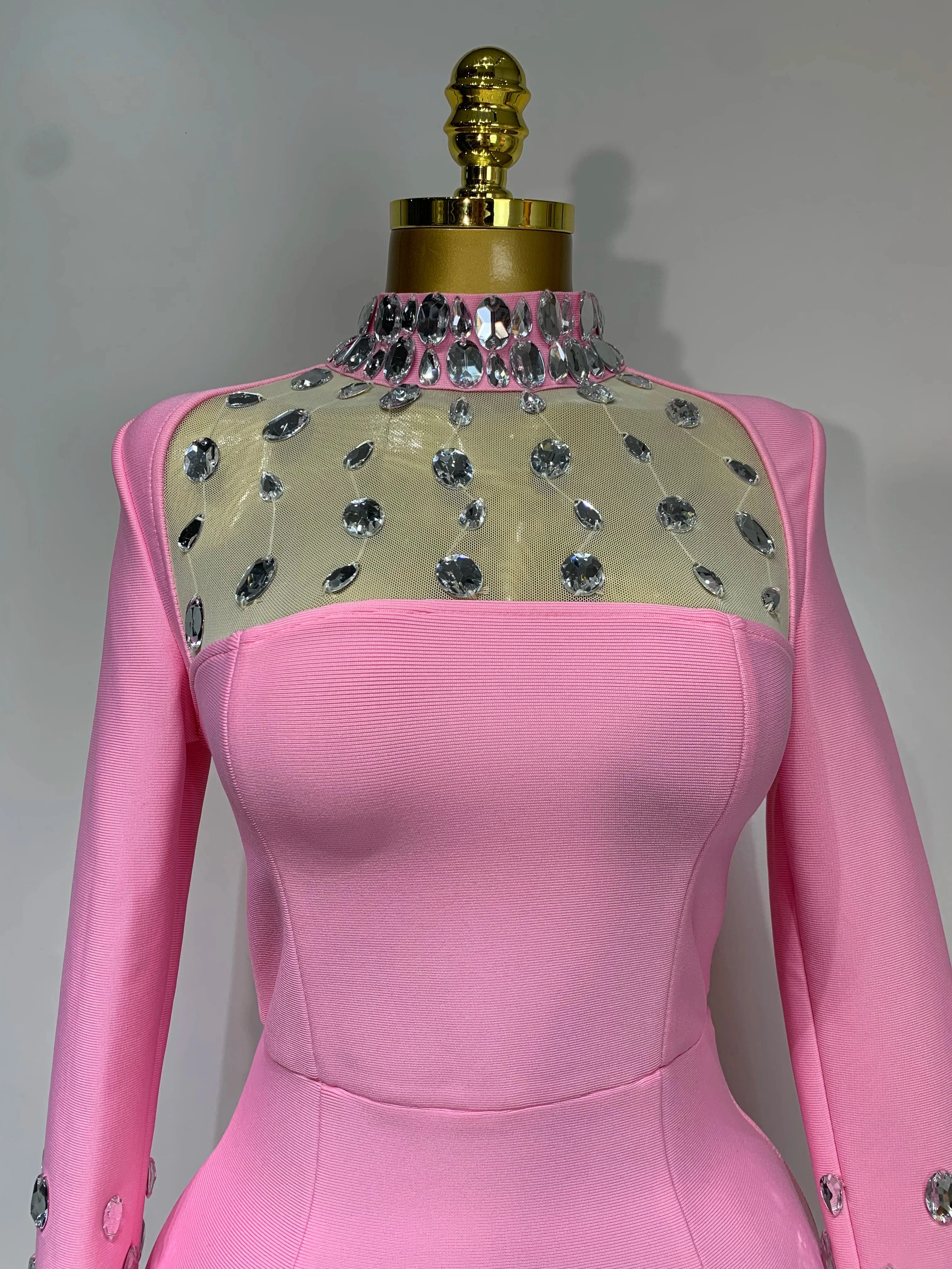 Luxury Birthday Dresses Diamond Long Sleeve Pink Bodycon Bandage Dress Women Wedding Evening Prom Gowns - Image 5
