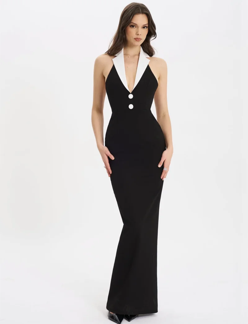 Arrival Black Color Women Sexy Halter Backless V-Neck Bodycon Long Bandage Maxi Dress High Street Elegant Evening Party Wear - Image 4