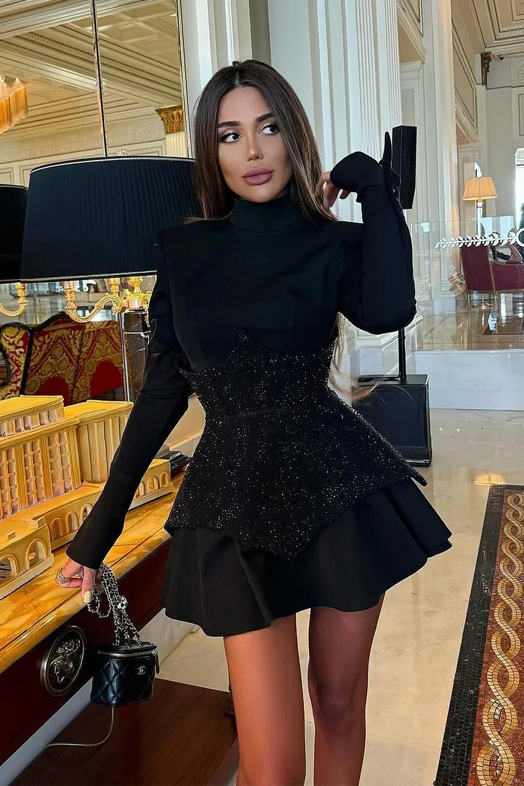 Black Red Women Long Sleeve Shinning Rhinestones A-Line Mini Dress Christmas Nightclub Party Celebrate Dress - Image 2