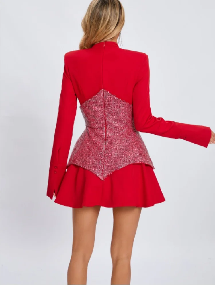 Black Red Women Long Sleeve Shinning Rhinestones A-Line Mini Dress Christmas Nightclub Party Celebrate Dress - Image 4