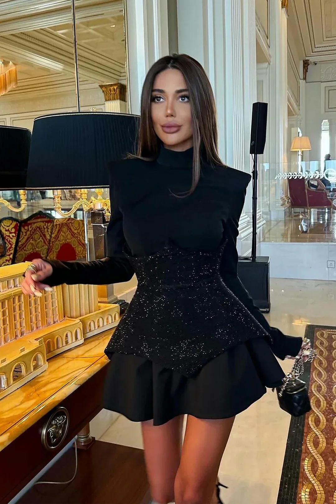 Black Red Women Long Sleeve Shinning Rhinestones A-Line Mini Dress Christmas Nightclub Party Celebrate Dress - Image 5