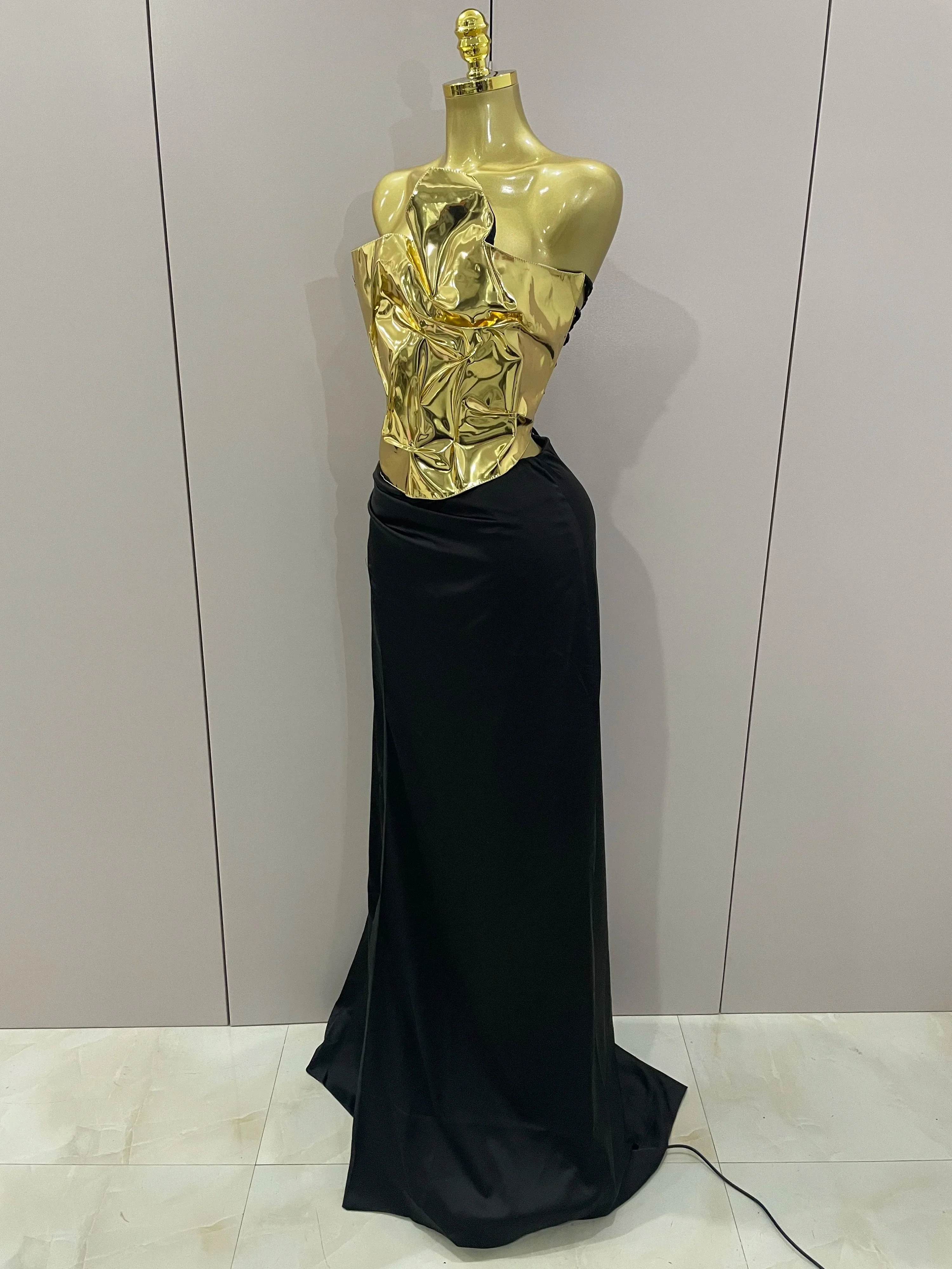 Gold Color Sexy Laced-up Tops 2 Pieces Set Long Dress Women Celebrate Evening Party Celebrity Elegant Dress - Image 2