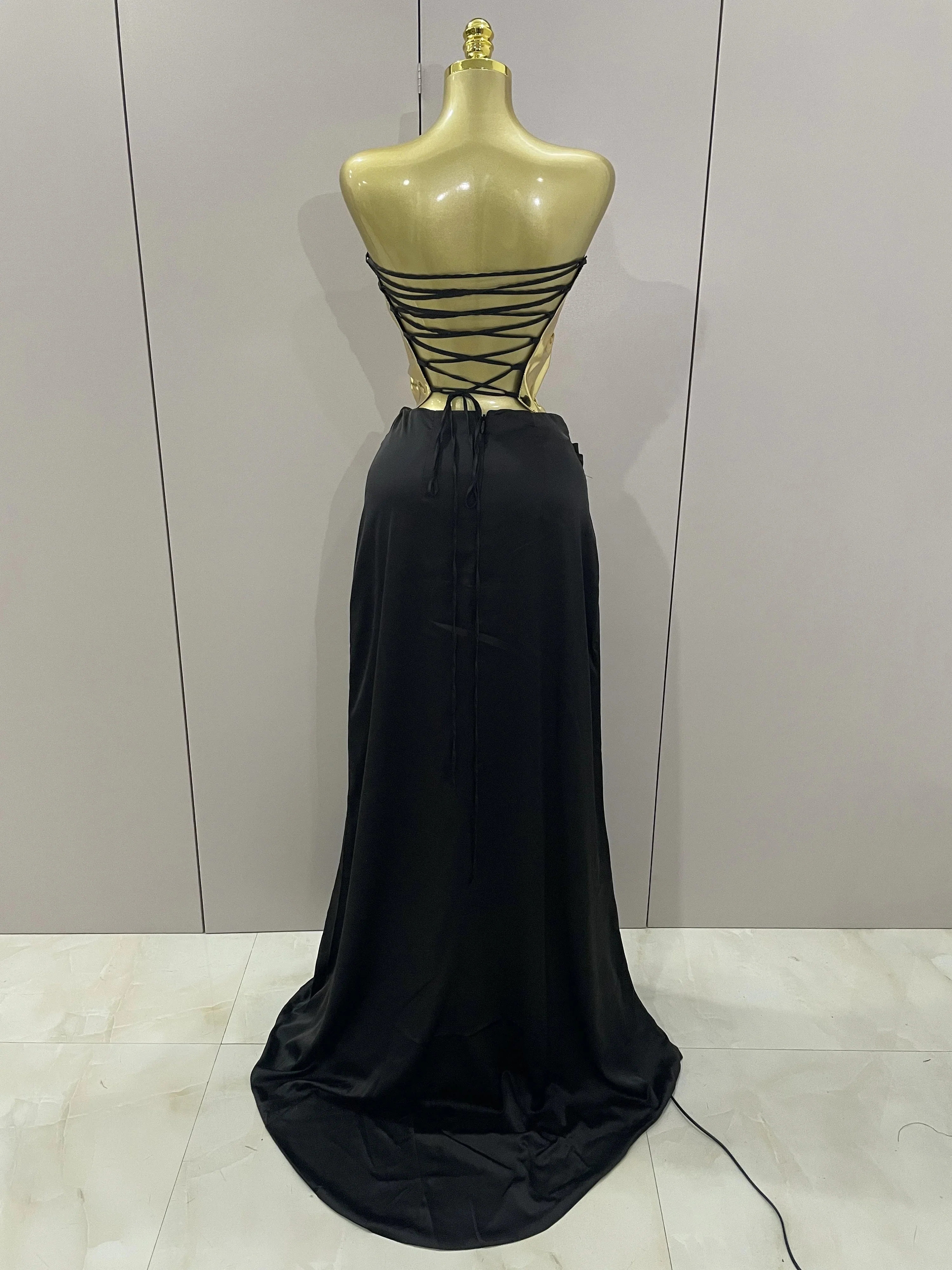 Gold Color Sexy Laced-up Tops 2 Pieces Set Long Dress Women Celebrate Evening Party Celebrity Elegant Dress - Image 3