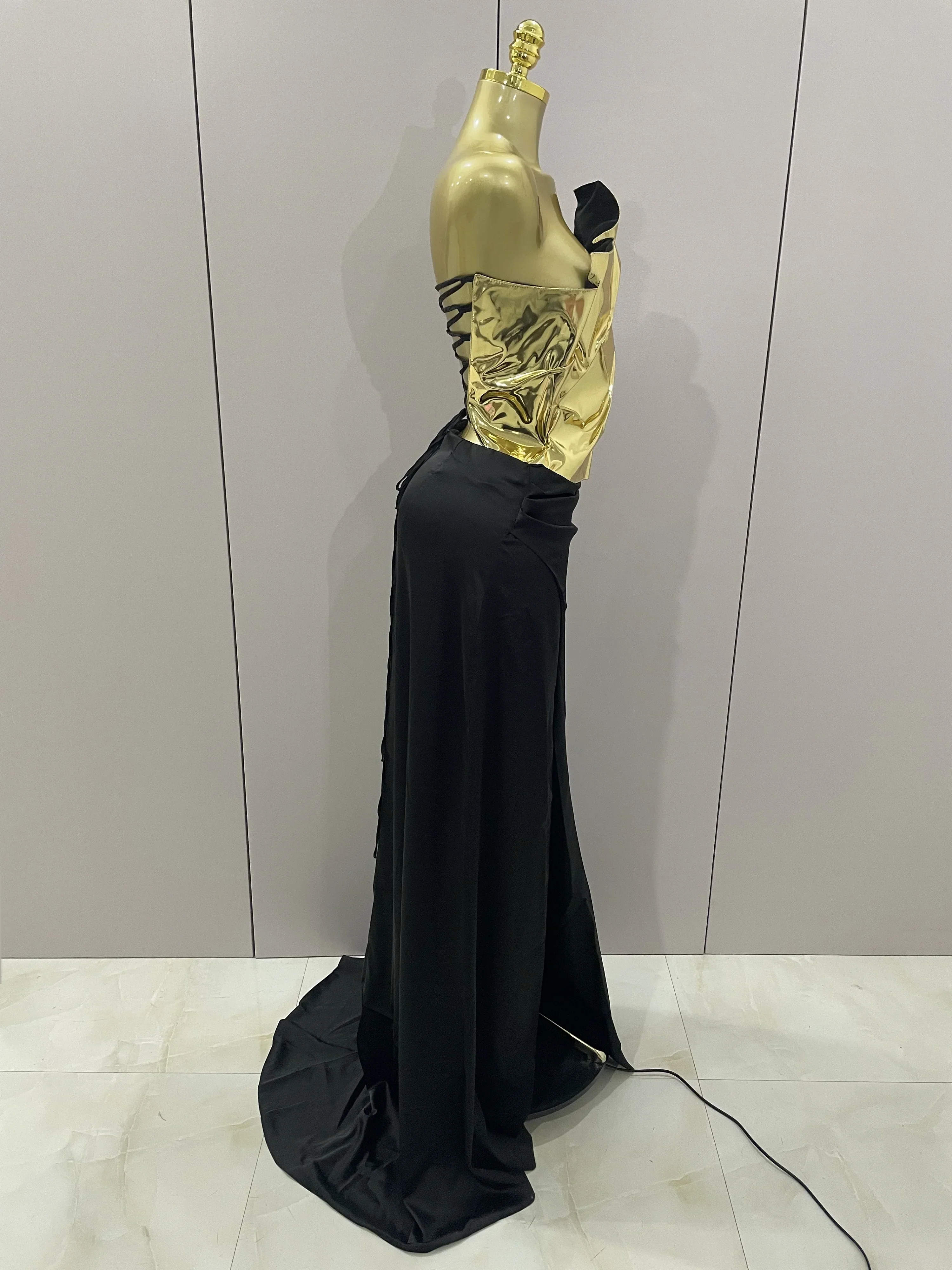 Gold Color Sexy Laced-up Tops 2 Pieces Set Long Dress Women Celebrate Evening Party Celebrity Elegant Dress - Image 4