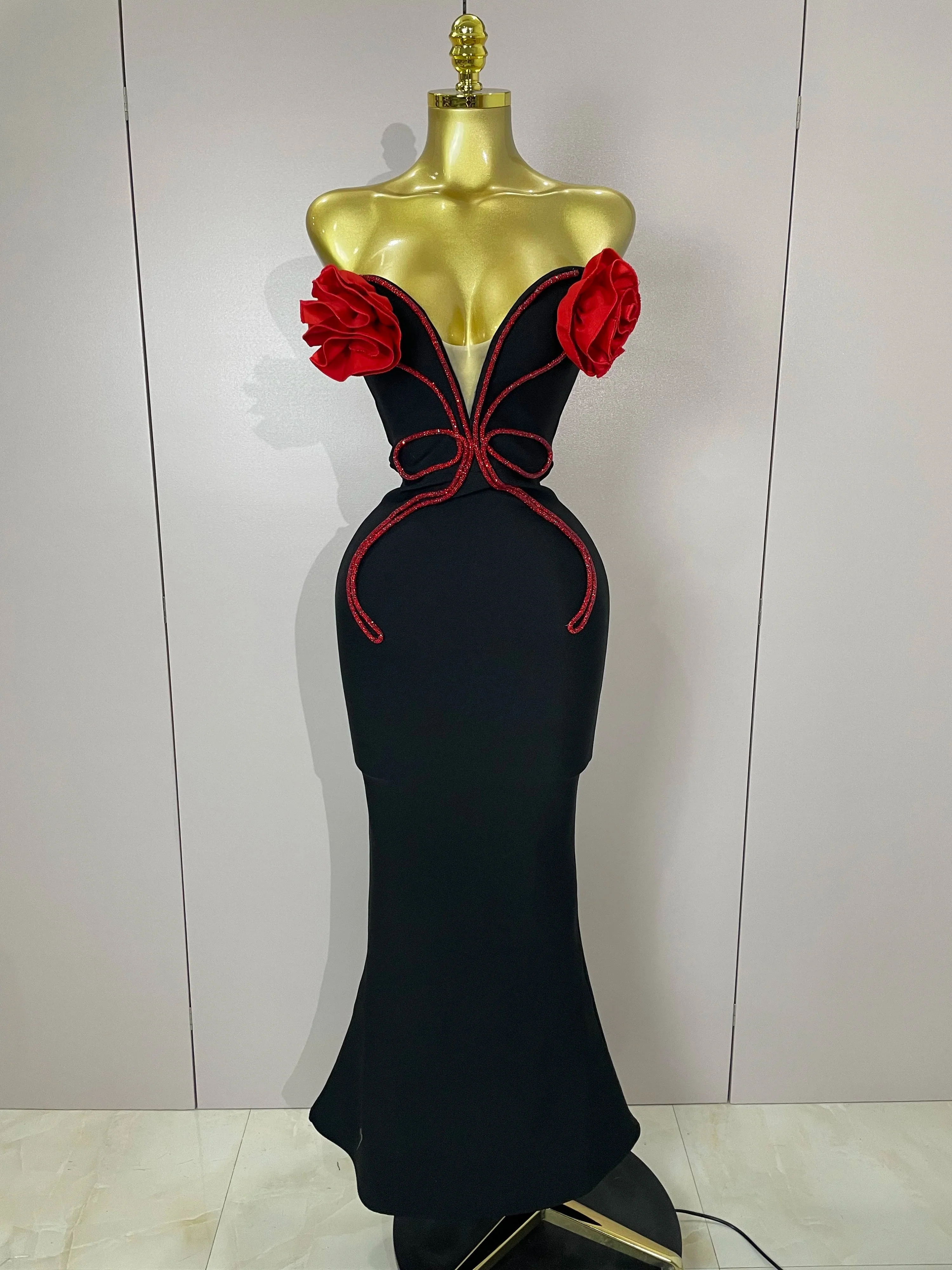 black Off Shoulder Red Flower Bandage Long Dress Women Elegant Fshion Celebrity Party Dress