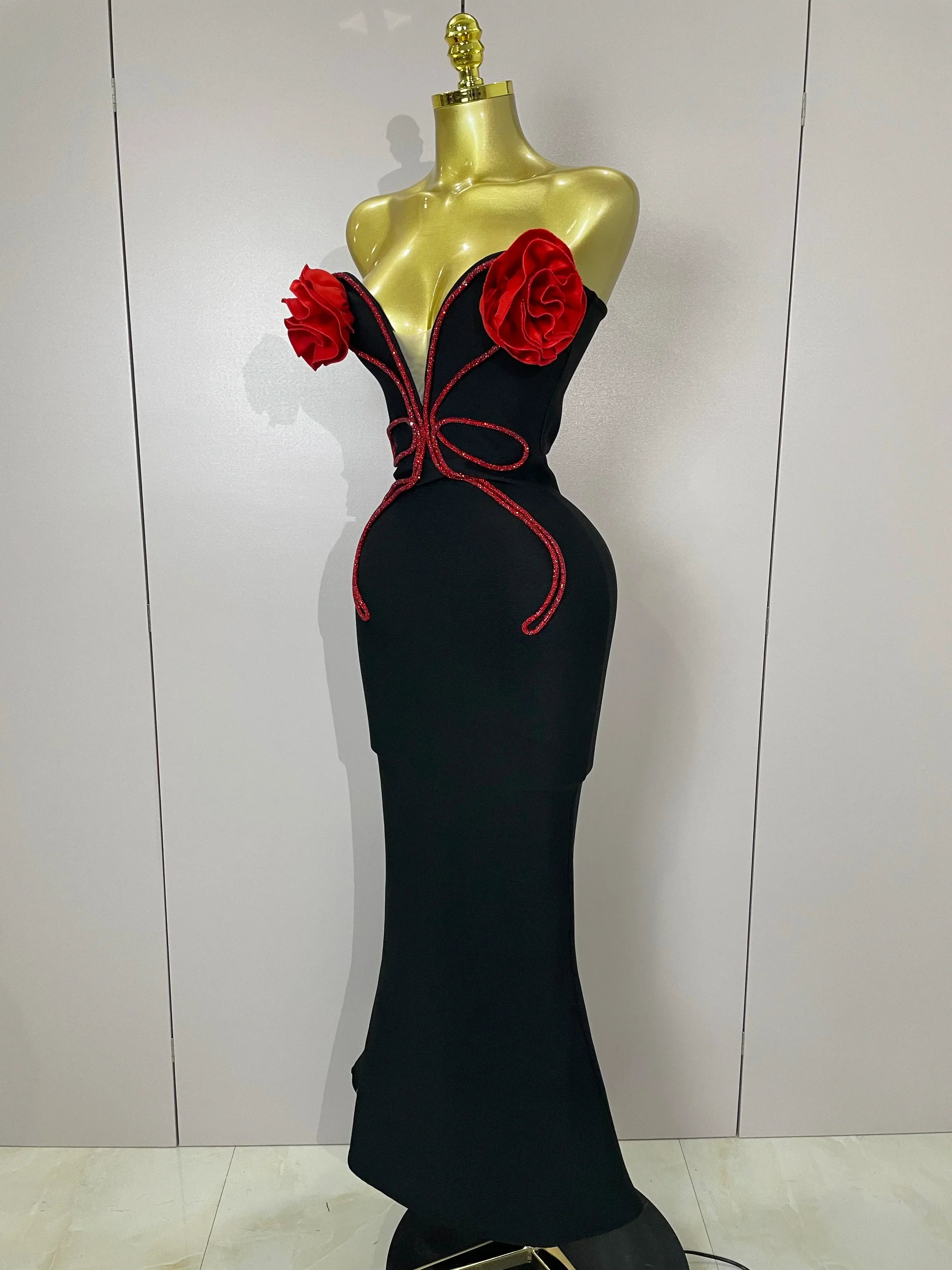 black Off Shoulder Red Flower Bandage Long Dress Women Elegant Fshion Celebrity Party Dress - Image 2