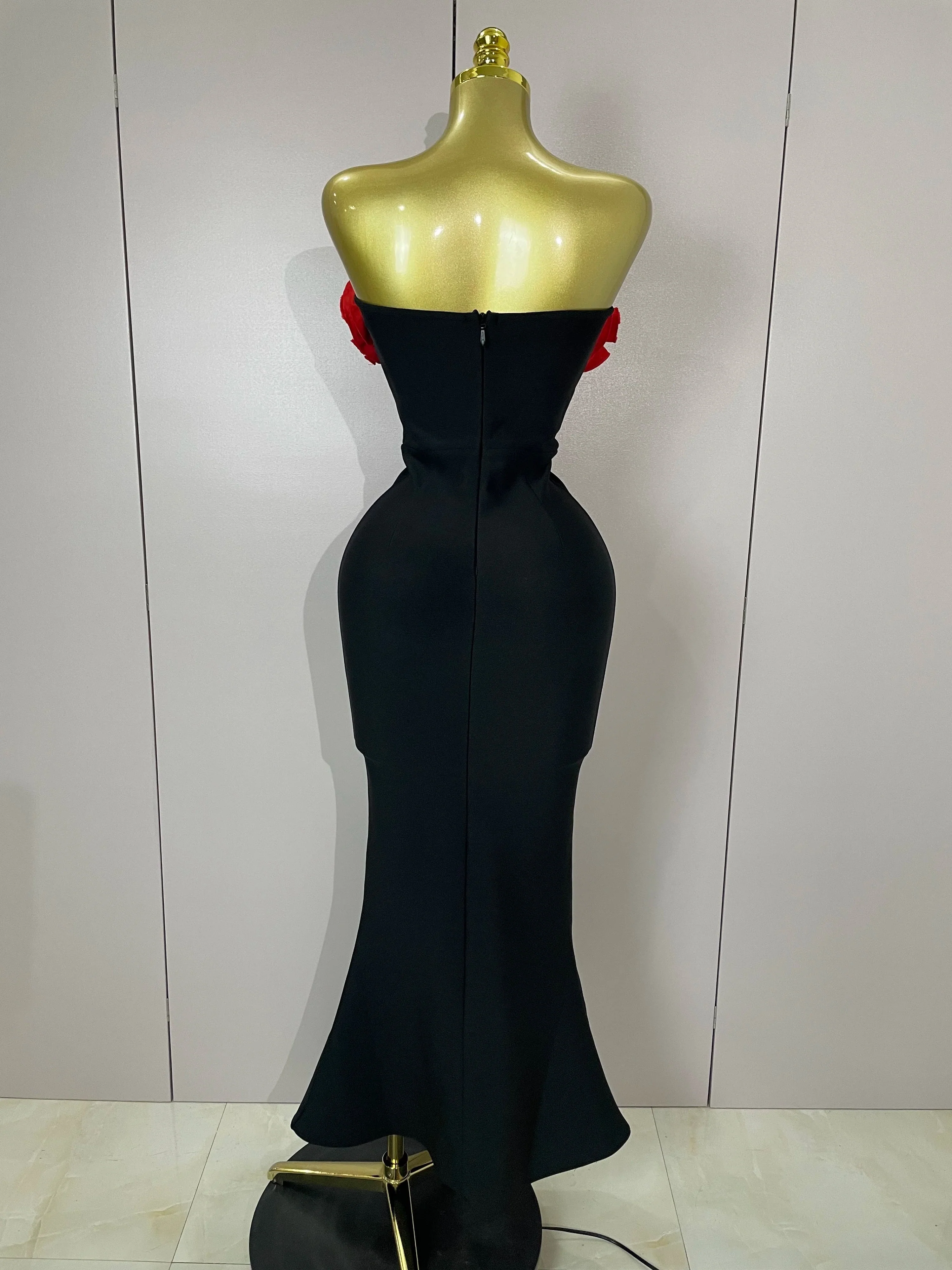 black Off Shoulder Red Flower Bandage Long Dress Women Elegant Fshion Celebrity Party Dress - Image 3
