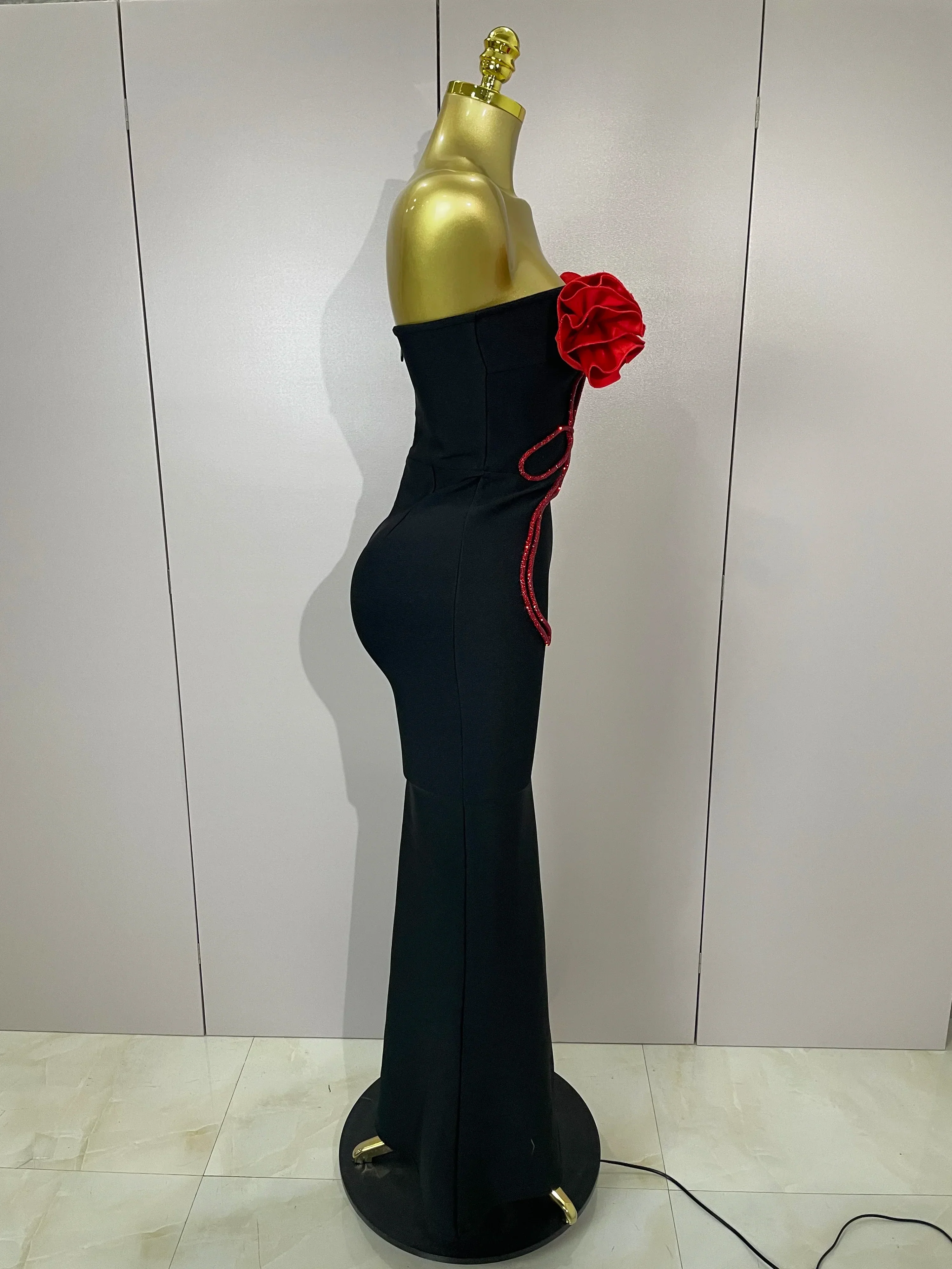 black Off Shoulder Red Flower Bandage Long Dress Women Elegant Fshion Celebrity Party Dress - Image 4
