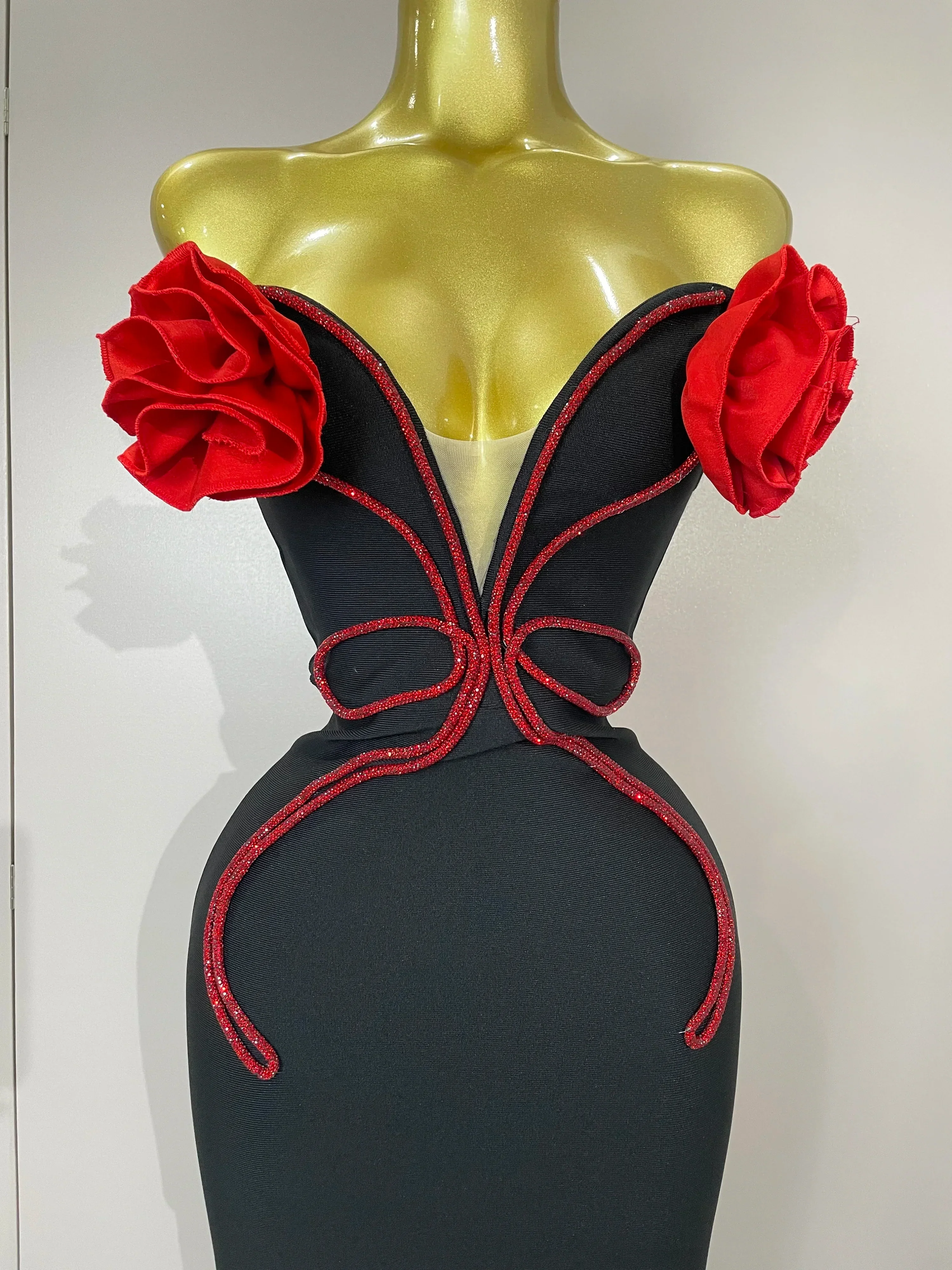 black Off Shoulder Red Flower Bandage Long Dress Women Elegant Fshion Celebrity Party Dress - Image 5