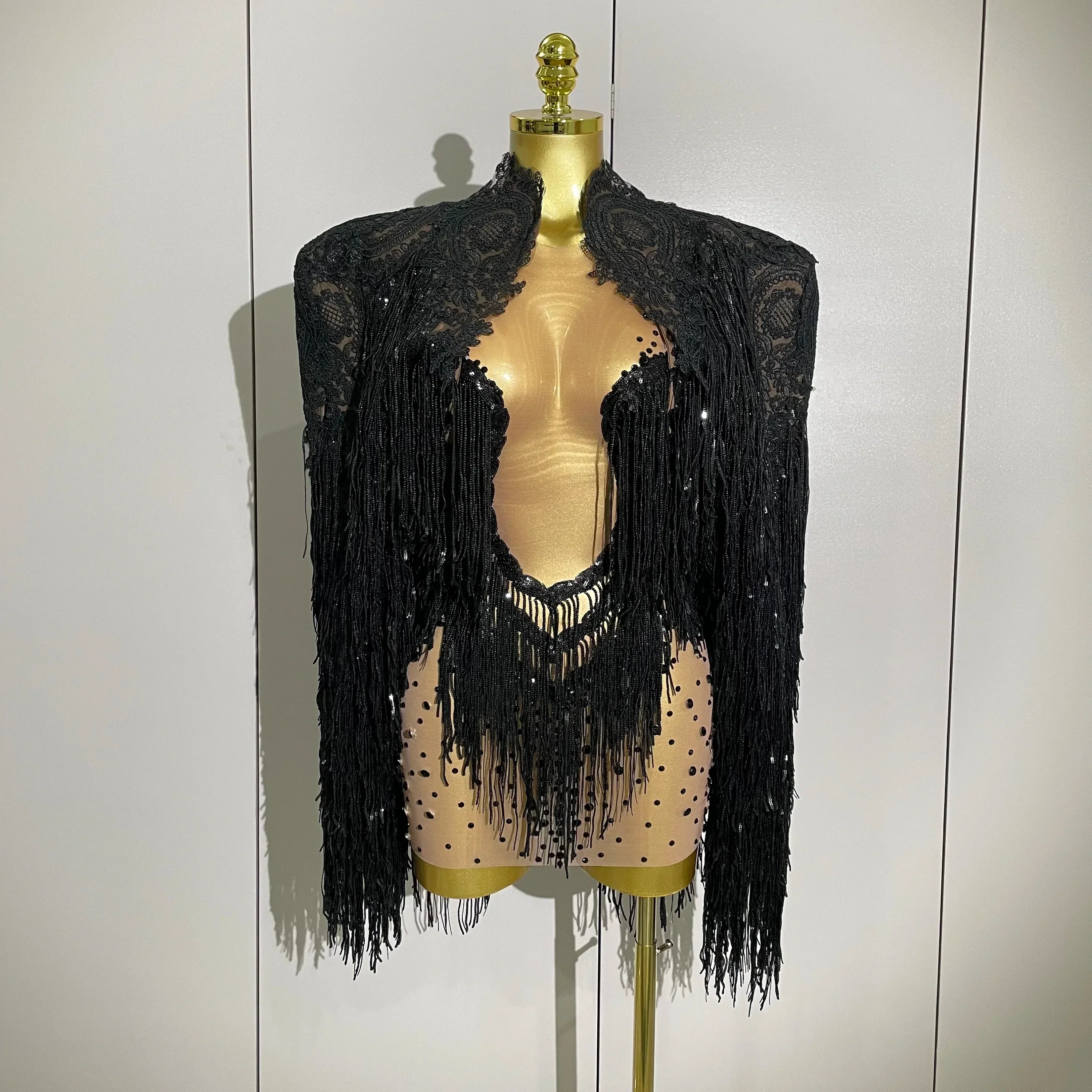 Luxury Sparkly Rhinestone Sequin Tassel Coat Skirt 2Pcs Women Birthday Party Nightclub Stage Performance Costume - Image 3