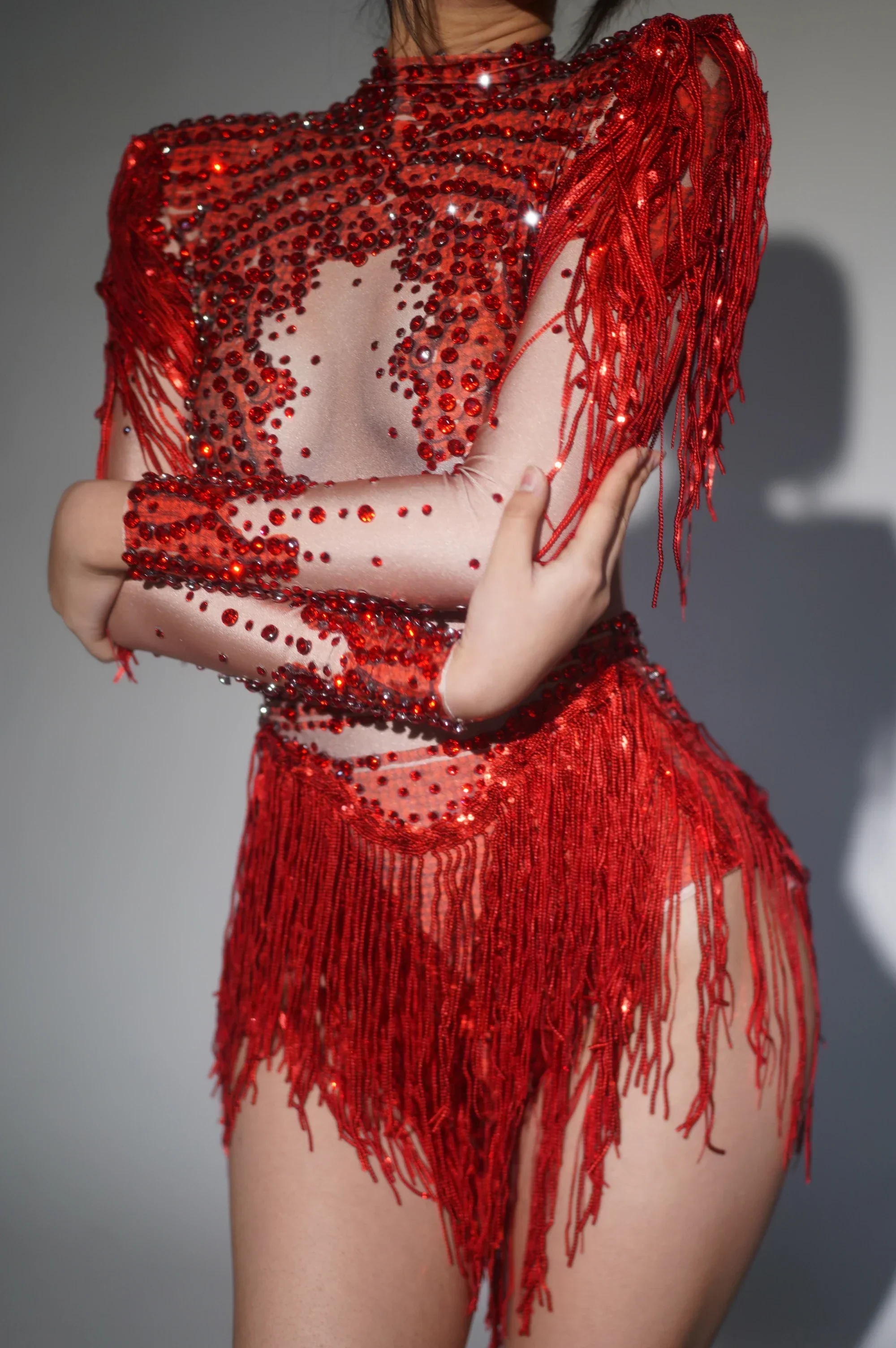 Sparkly Rhinestone Sequin Tassel Stretch Bodysuits Women Birthday Party Nightclub Dj Stage Performance Costume - Image 3