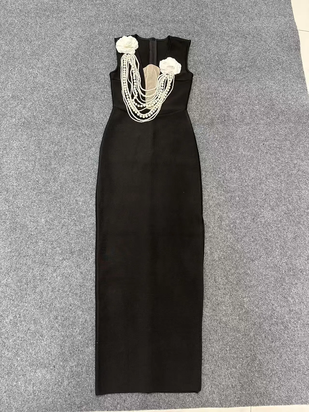 Women Sexy Sleeveless Pearl Beading Bodycon Bandage Long Dress Celebrate Evening Party Nightclub Outfit Vestido - Image 2