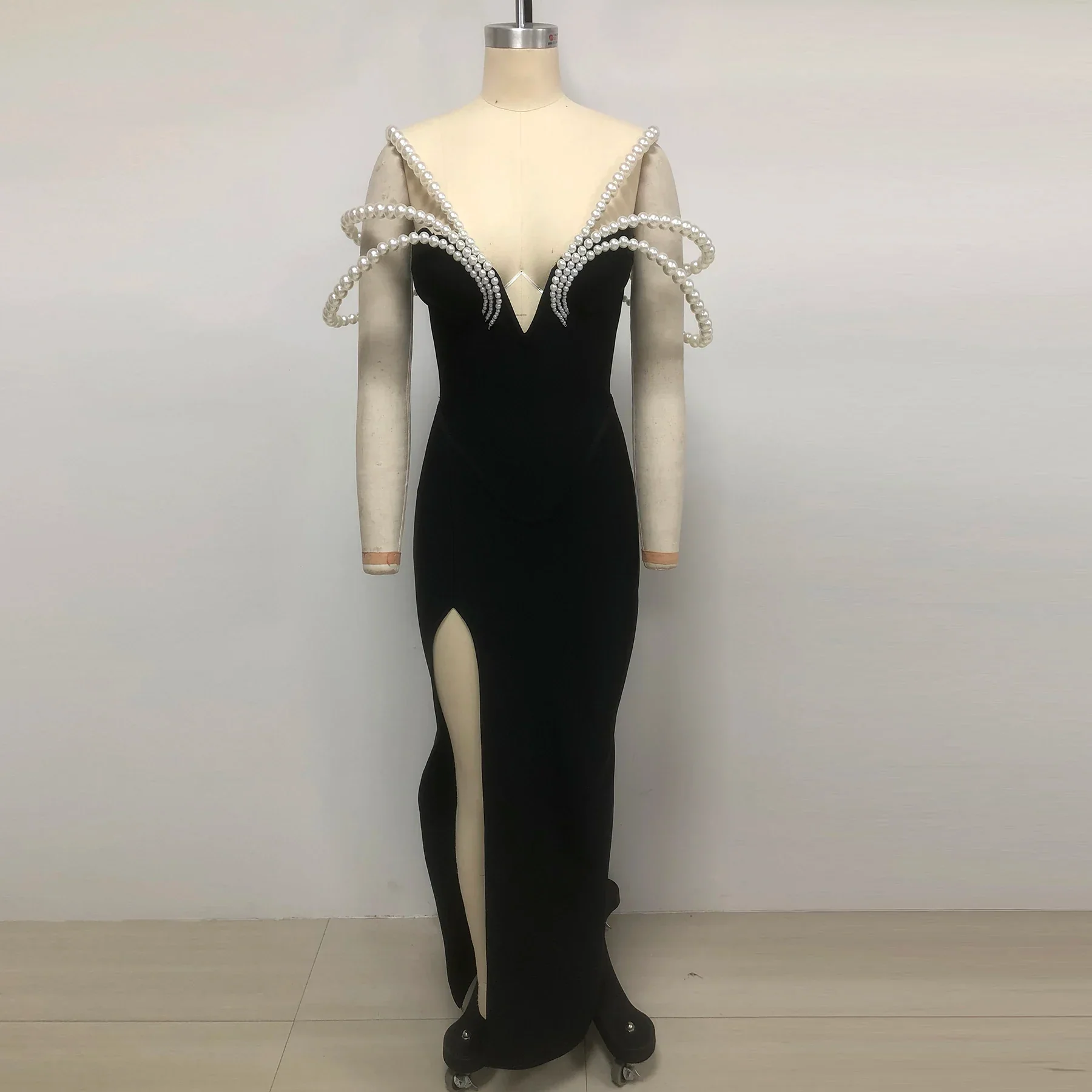 Arrival Women Sexy Strapless Big Pearl Beading Bodycon Long Bandage Dress Celebrate Evening Party Red Carpet Fashion Outfit - Image 3