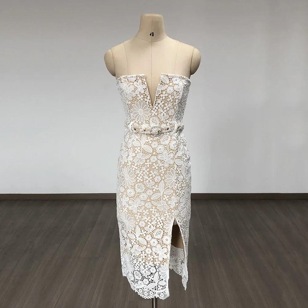 Arrival Women Sexy Strapless Lace Bodycon Mid-calf Dress Belt Fashion Birthday Party Celebrate Evening Cocktail Dress - Image 5