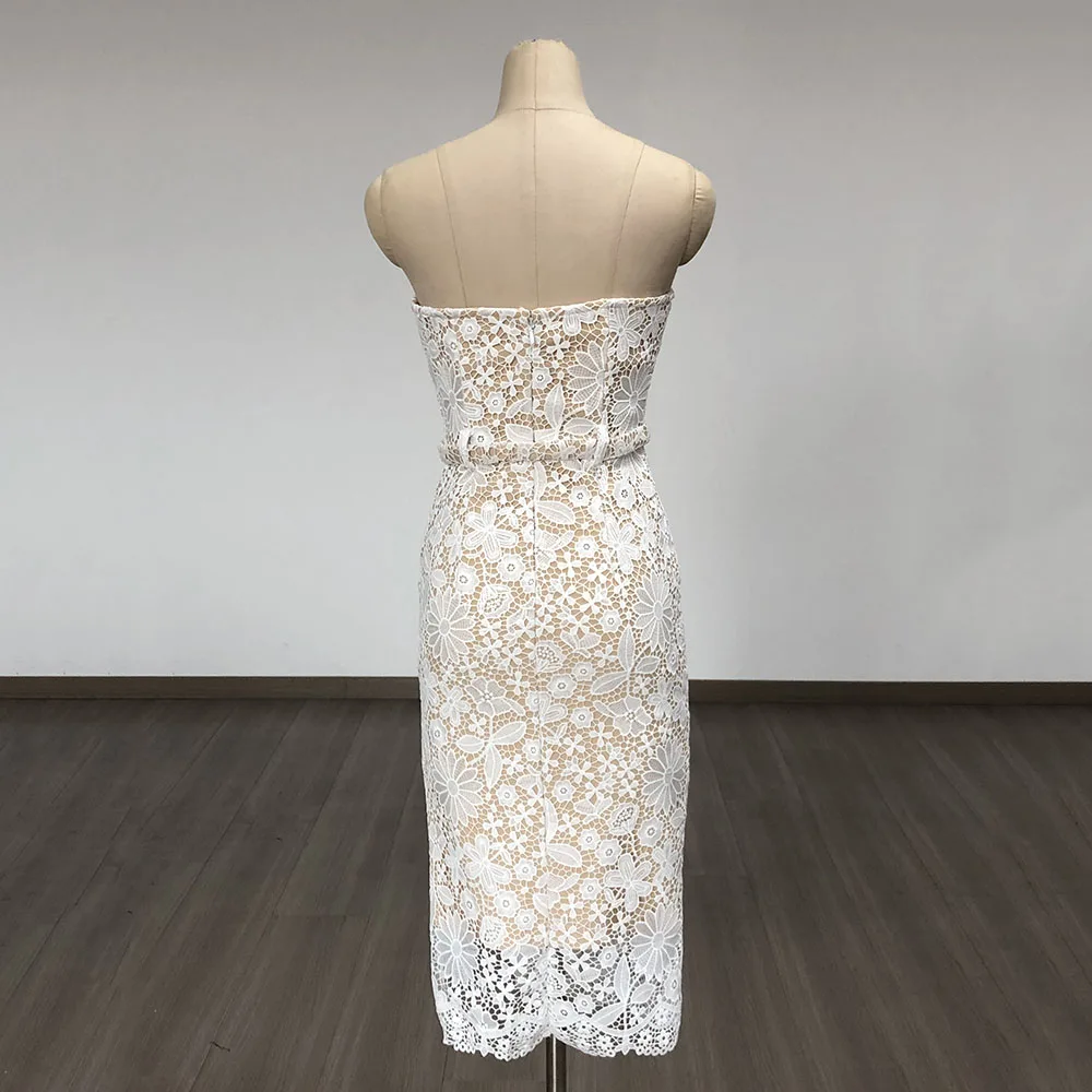 Arrival Women Sexy Strapless Lace Bodycon Mid-calf Dress Belt Fashion Birthday Party Celebrate Evening Cocktail Dress - Image 6