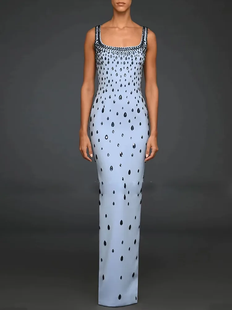 Arrival Women Sleeveless Sexy O-Neck Shinning Crystal Bodycon Long Dress Elegant Evening Party Graduation Season Outfit