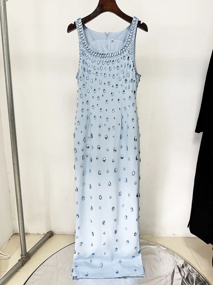Arrival Women Sleeveless Sexy O-Neck Shinning Crystal Bodycon Long Dress Elegant Evening Party Graduation Season Outfit - Image 3