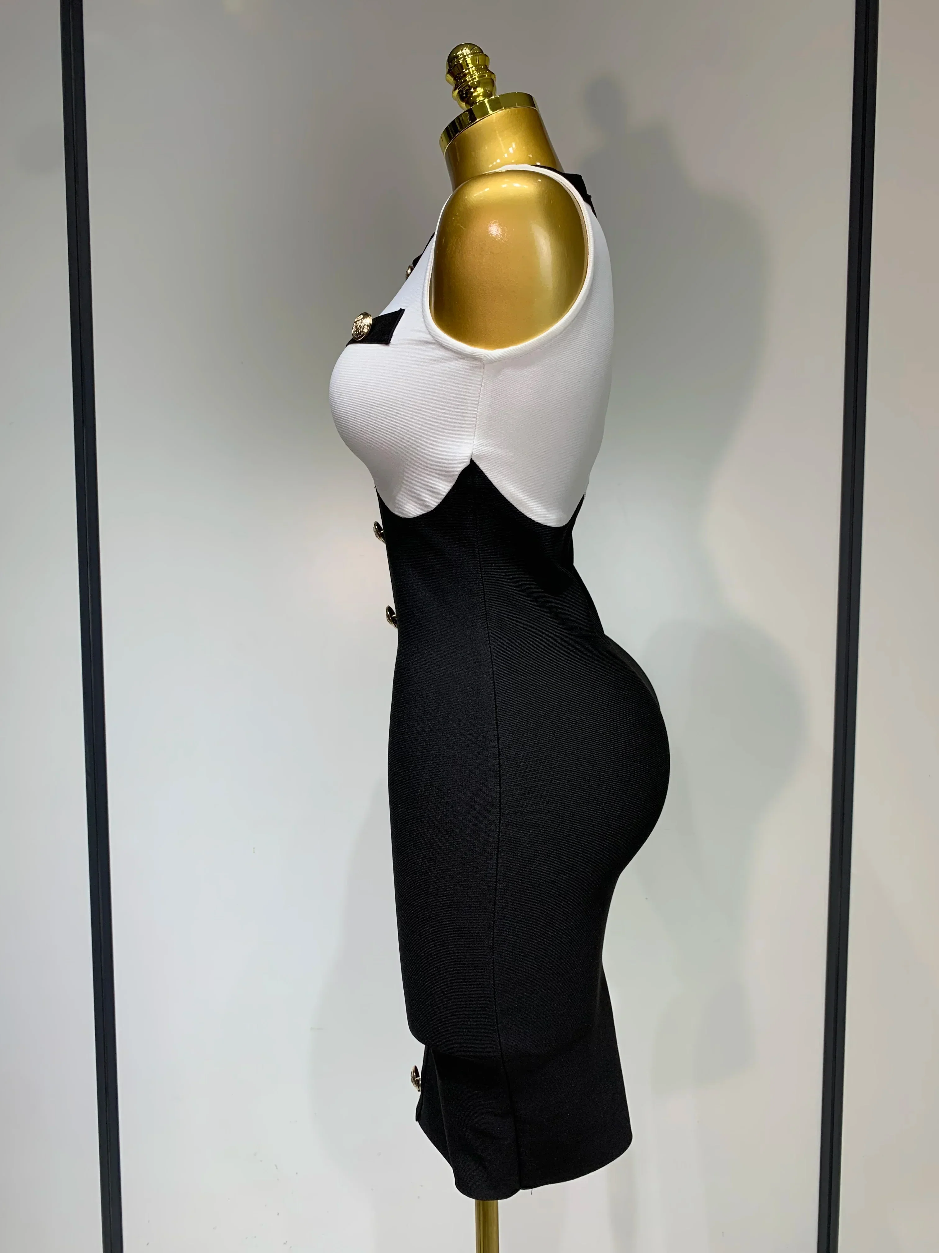 Arrivals Fashionable Women Bandage Golden Buttons White Black Patchwork Sleeveless Bodycon Elegant Party Dresses - Image 3