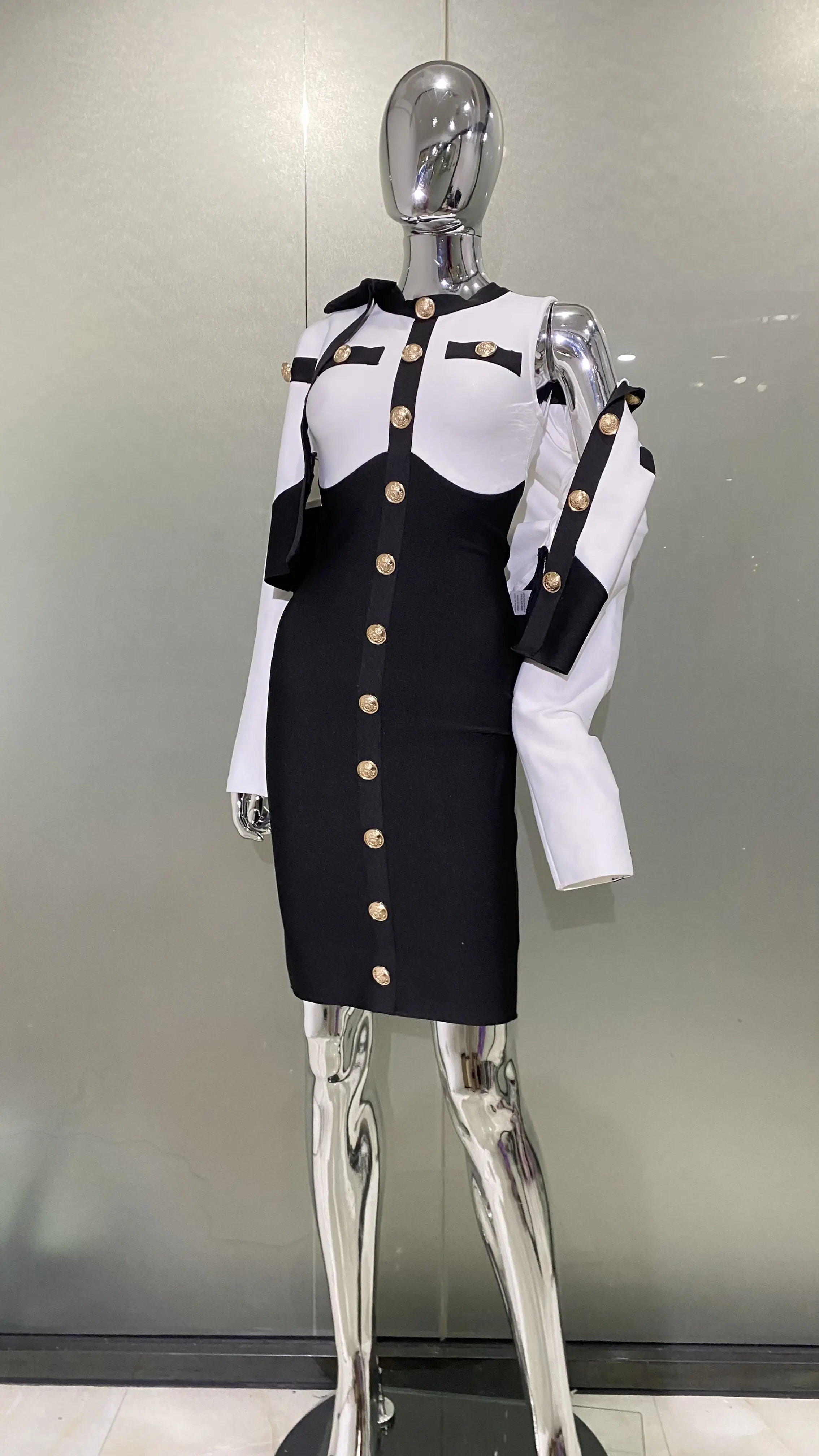 Arrivals Fashionable  Women's Bandage Set Golden Buttons White Patchwork Black Coat And Sleeveless Bodycon MIini Dress - Image 4